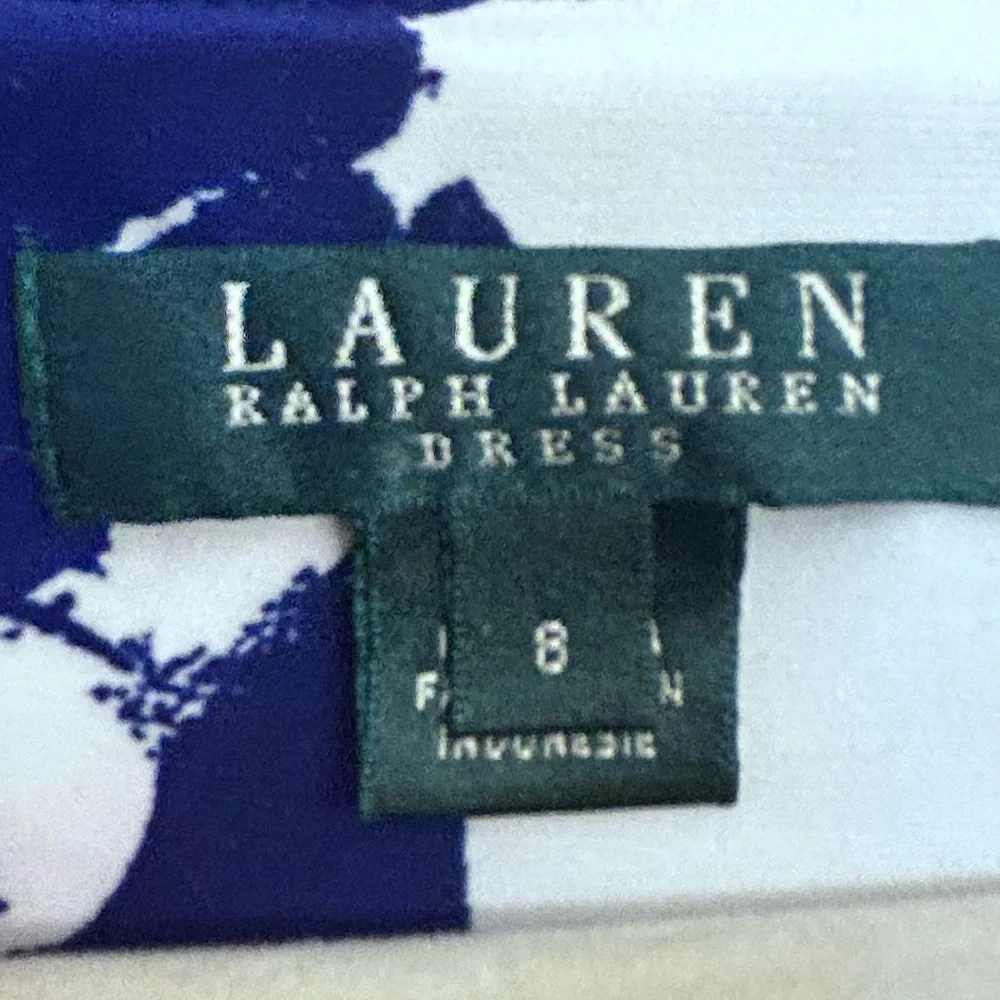 Lauren Ralph Lauren floral Dress blue white ruched waist 8 EUC CHURCH DINNER